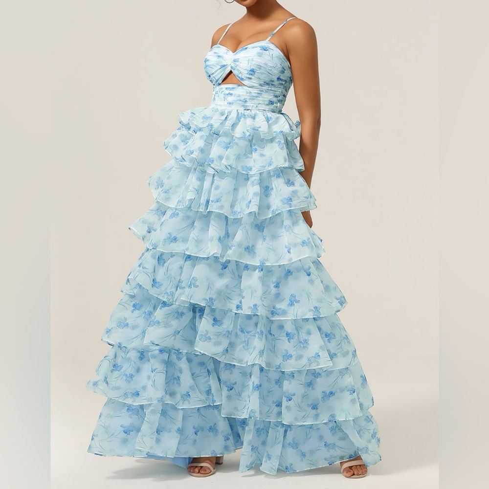 Light Blue Floral Ruffled Maxi Dress